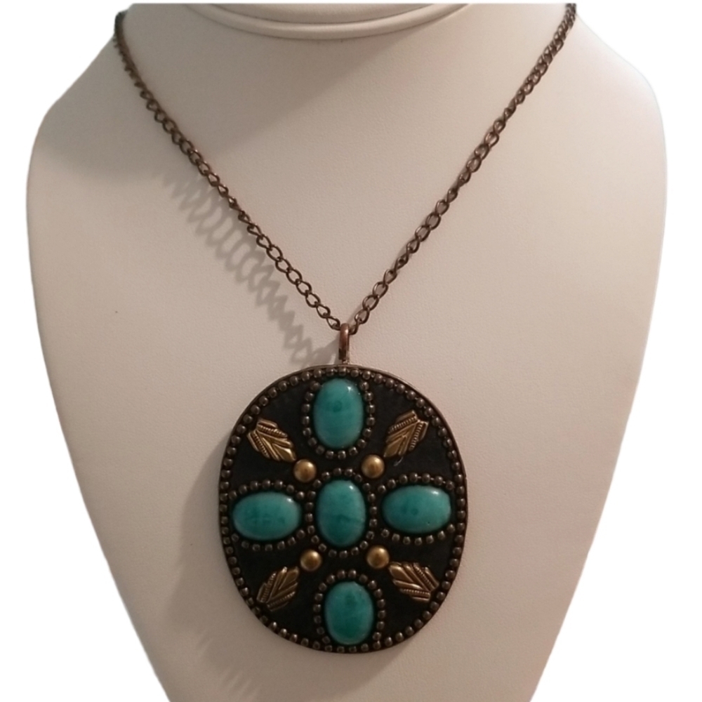 Antique Bohemian Pendant with Blue Beads Gold Tone Accents and Chain Necklace
